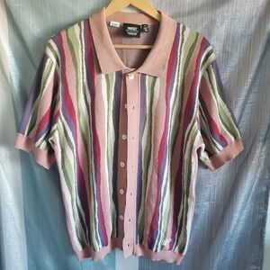 WeSC Mens Large Rippled Stripe Short Sleeve Polo Button Front Cardigan P115748T
